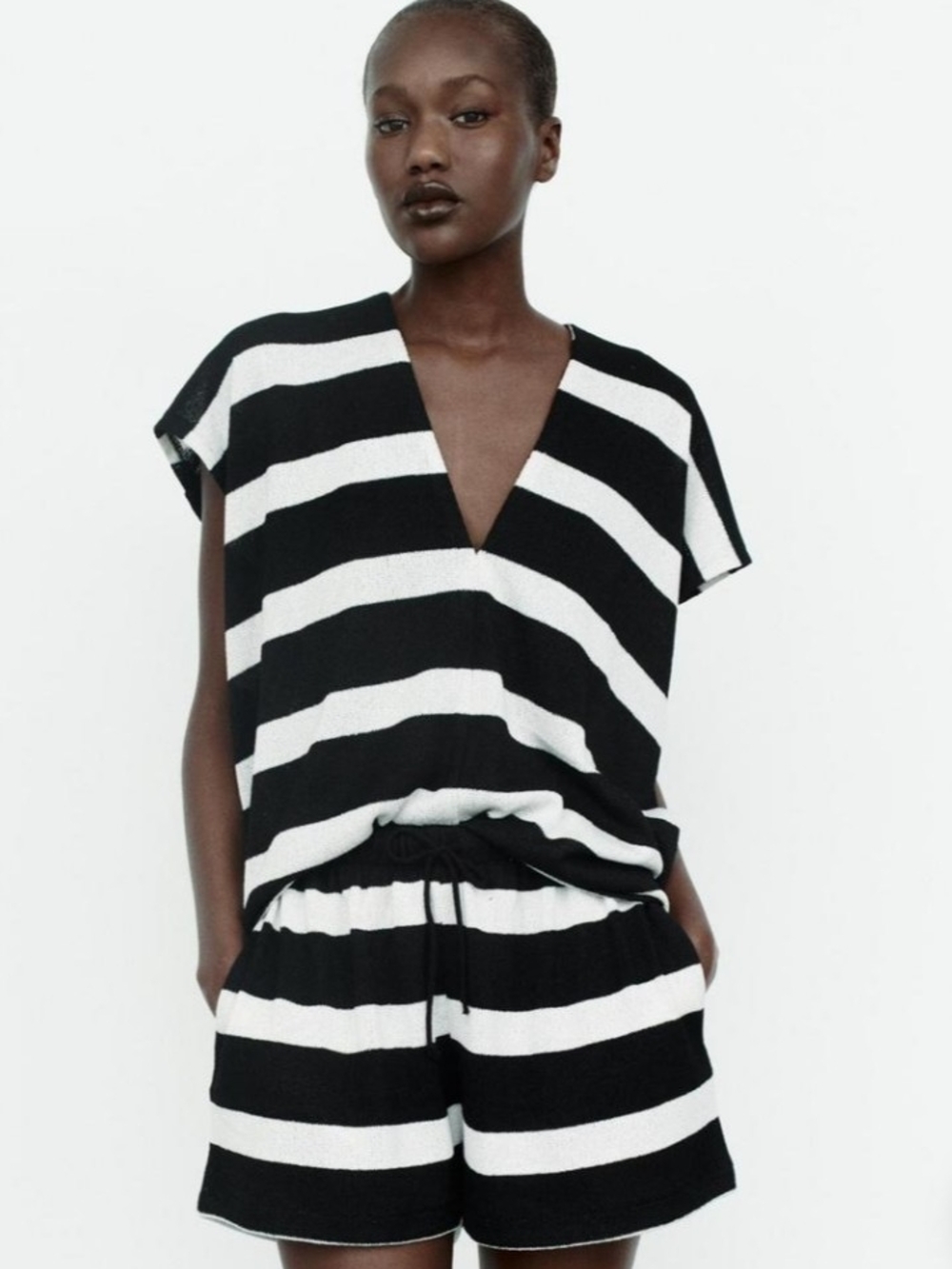 Zara Striped Knit Two-Piece Set Top & Shorts L NWOT